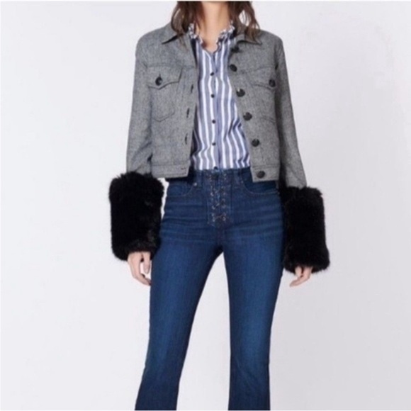 $695 Veronica Beard Burke Herringbone Wool Jacket detachable black Fur cuffs 4 - Picture 1 of 15